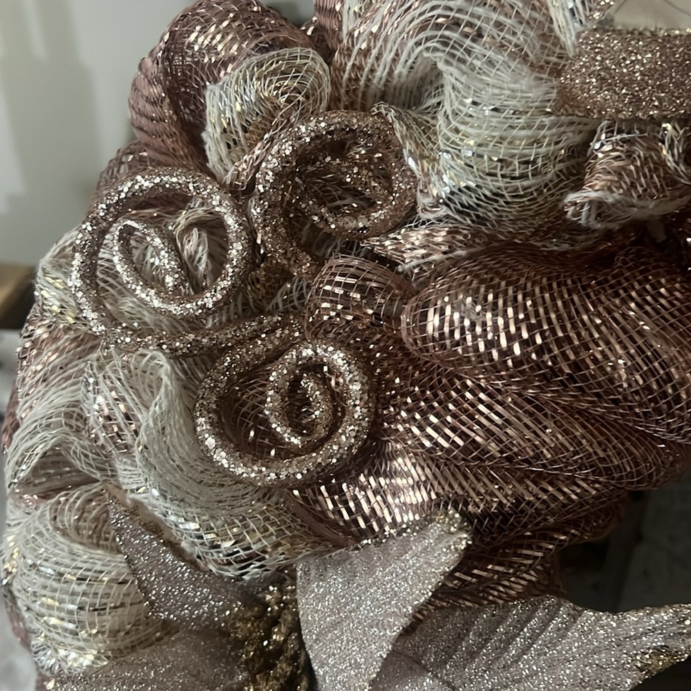 Winter Rose Gold and Champagne Deco Mesh Wreath - Picture 2 of 6